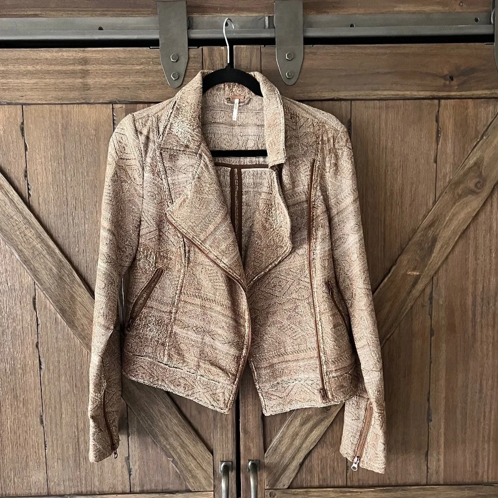 Free People Jacquard Tapestry Moto Blazer Jacket Brown/Cream Size 8 GUC